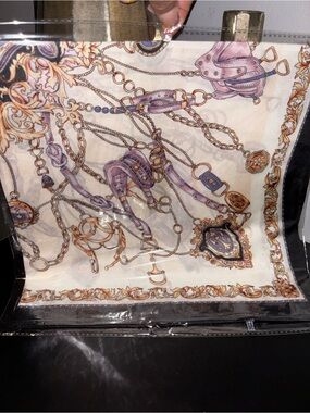 Ornate Chain & Tack Print Silk Scarf in Cream, Purple & Gold- New